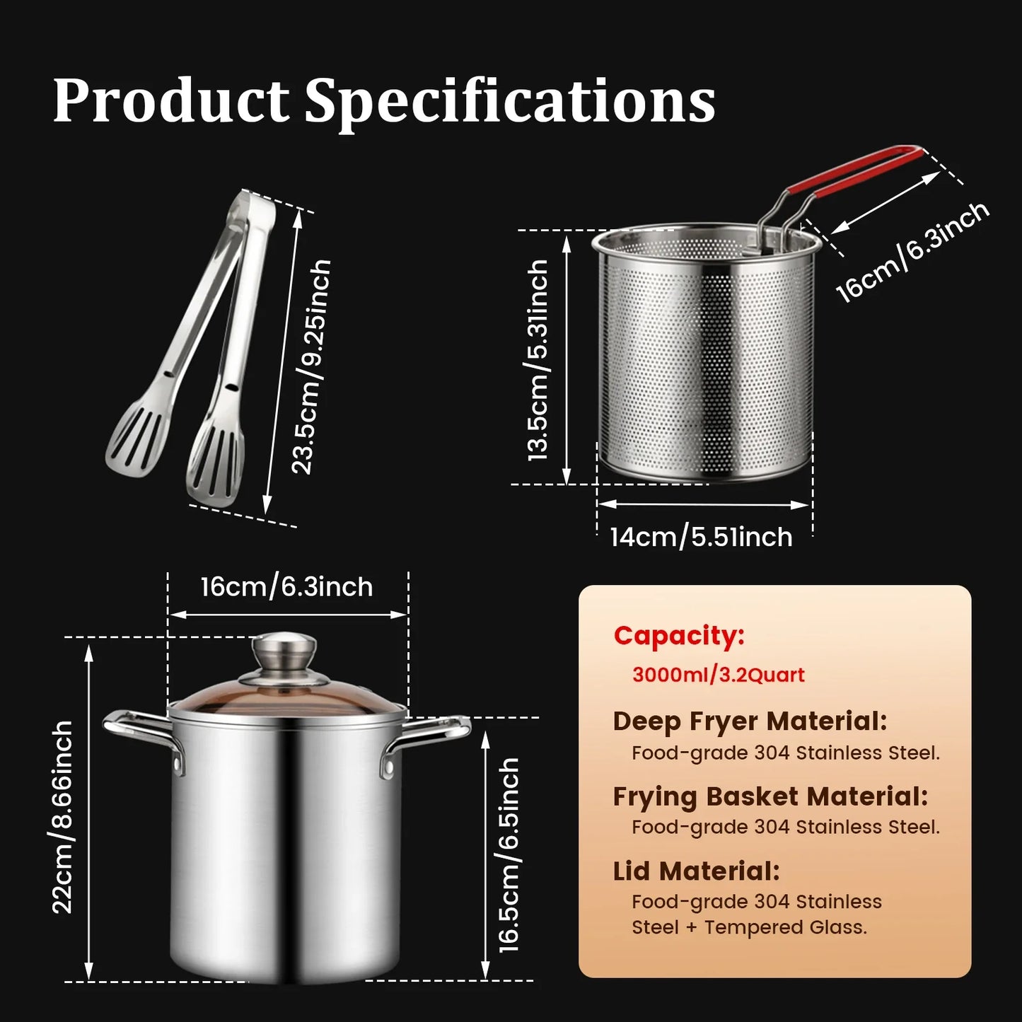 3PCS Deep Fryer Pot Set 304 Stainless Steel Fry Silver