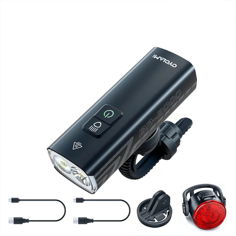 2000 Lumens LED Rechargeable Bike Light Set Front Rear Black