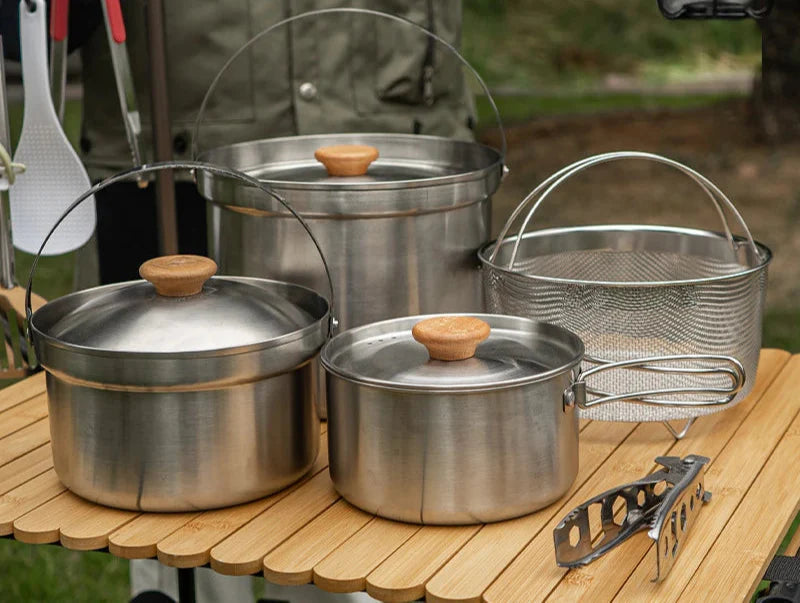 5L Outdoor Stainless Steel Camping Cookware Set Silver
