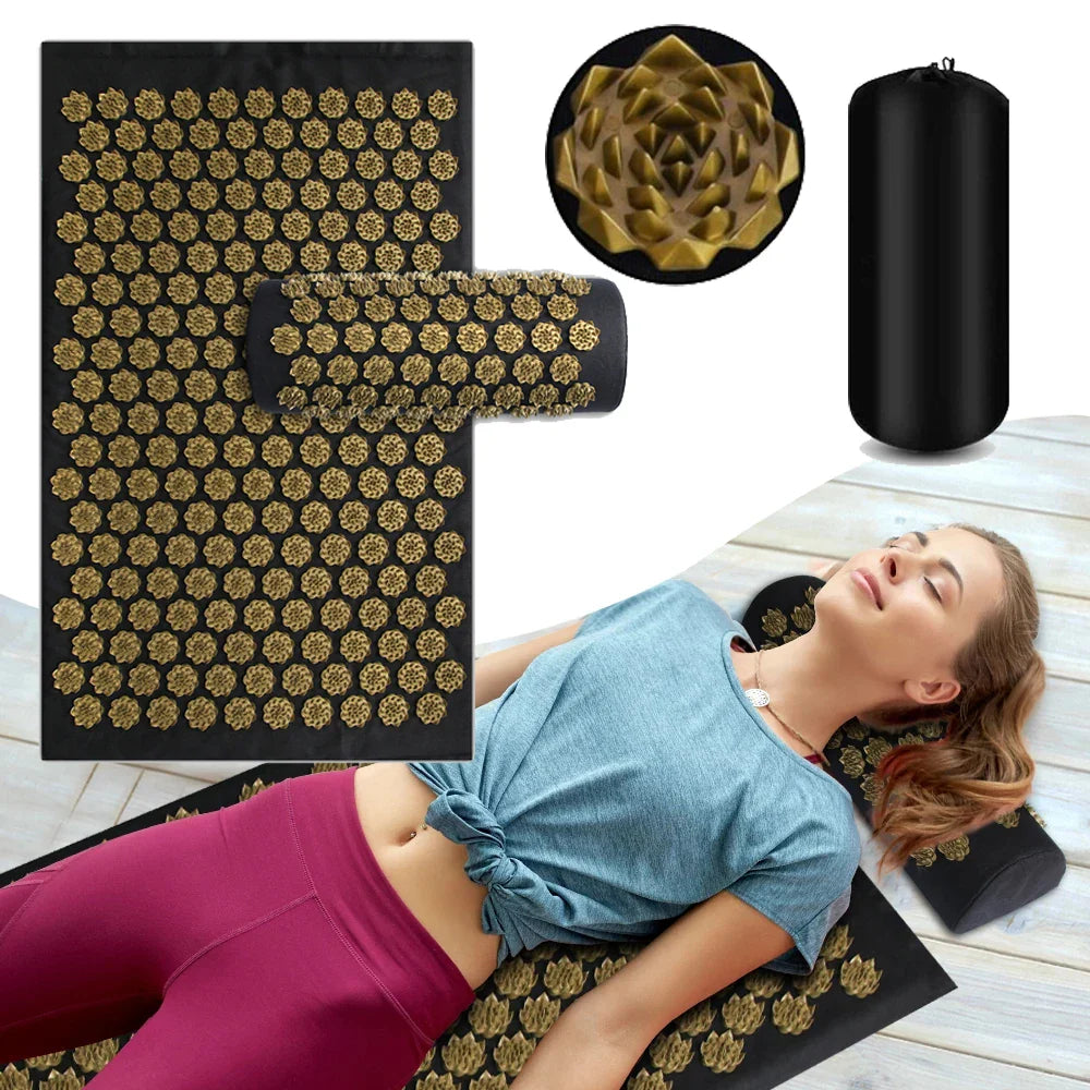 3PCS Acupressure Yoga Mat And Pillow Set Massage Cushion Gold