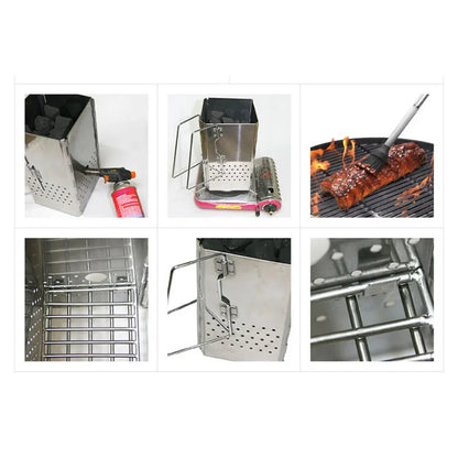 Portable Charcoal Starter & Folding BBQ Grill Stainless Steel Silver