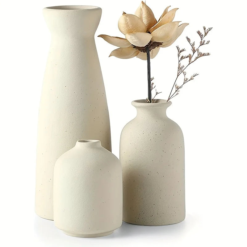 Set of 3 Ceramic Vases Rustic Farmhouse Decorative Beige