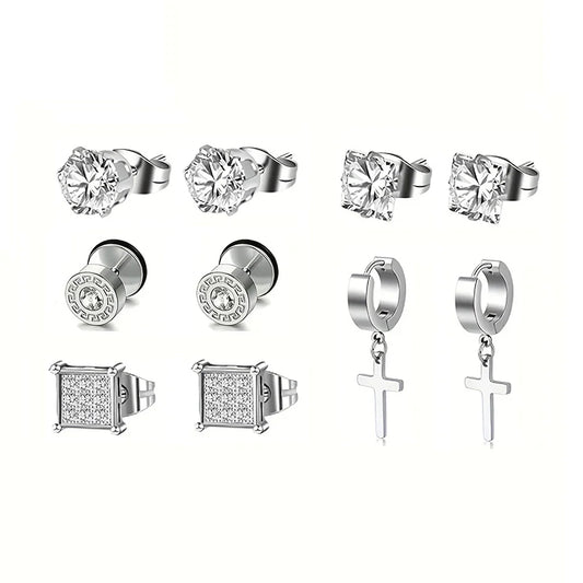 Earrings Stainless Steel 5 Pairs Set for Men (Steel)
