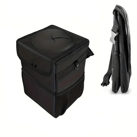 Car Trash Can with Lid Storage Pockets 100% Leak Proof Black
