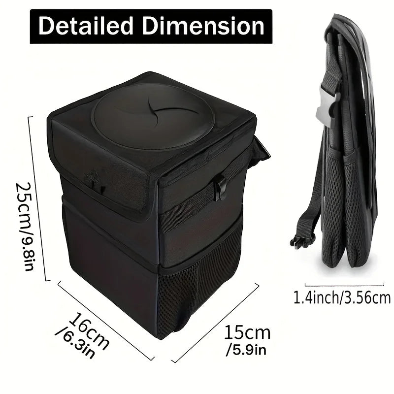 Car Trash Can with Lid Storage Pockets 100% Leak Proof Black