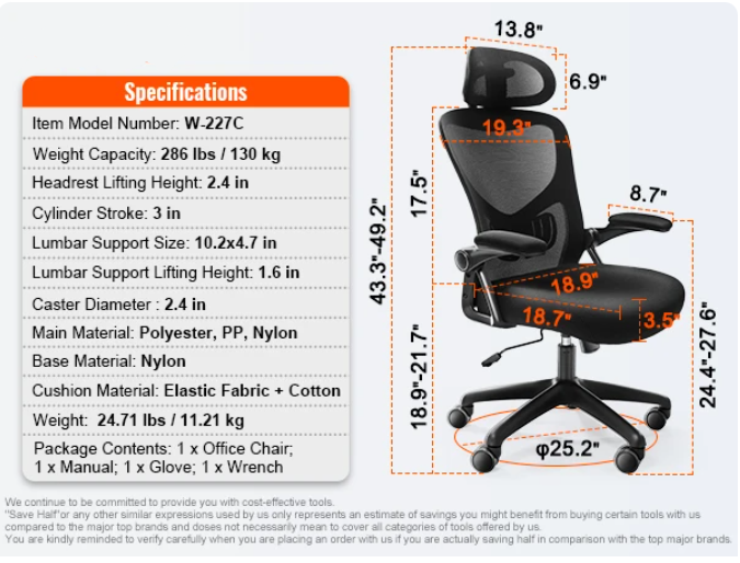 Ergonomic Office Chair with Adjustable Lumbar Support Angle and Height Adjustable