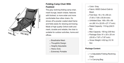 Outdoor Folding Camp Chair with Backrest & Footrest
