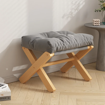 Foldable Solid Wood Low Stool with Paste-Style Grey Seat Cushion
