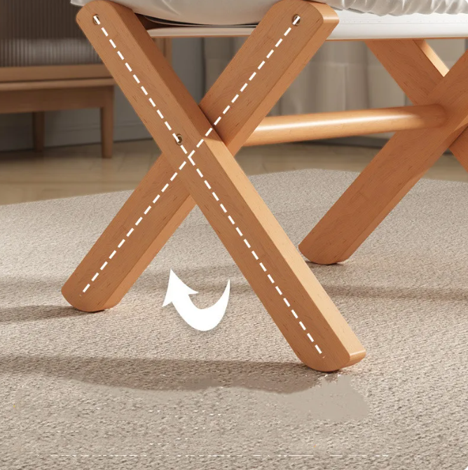 Foldable Solid Wood Low Stool with Paste-Style Grey Seat Cushion