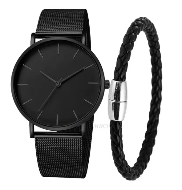 Men’s Ultra Thin Magnetic Bracelet Quartz Watch - All-Black Slim Mesh Steel