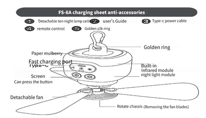 Portable USB Rechargeable Ceiling Fan with Night Light
