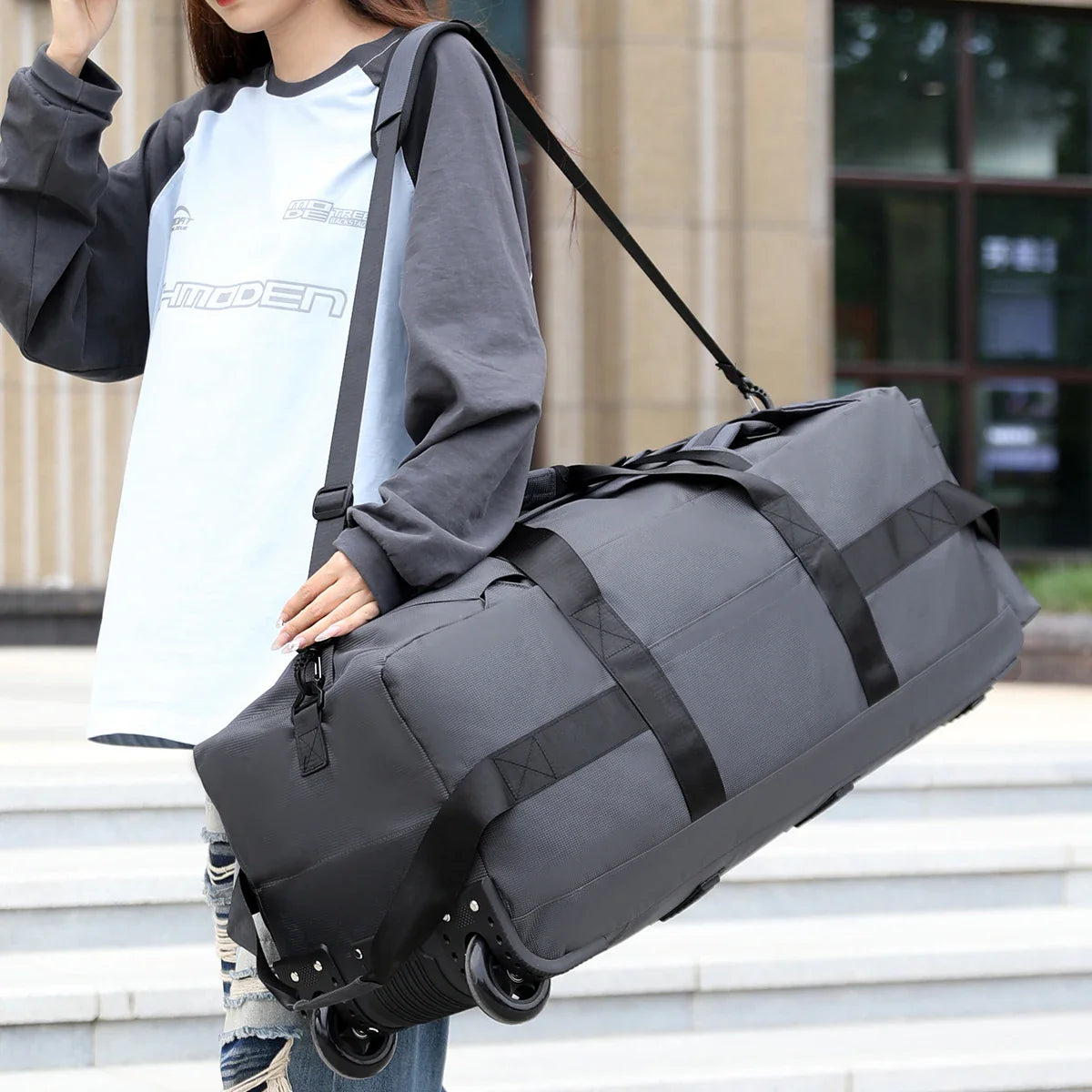 Roller Travel Duffel Bag with Fixed Casters Grey