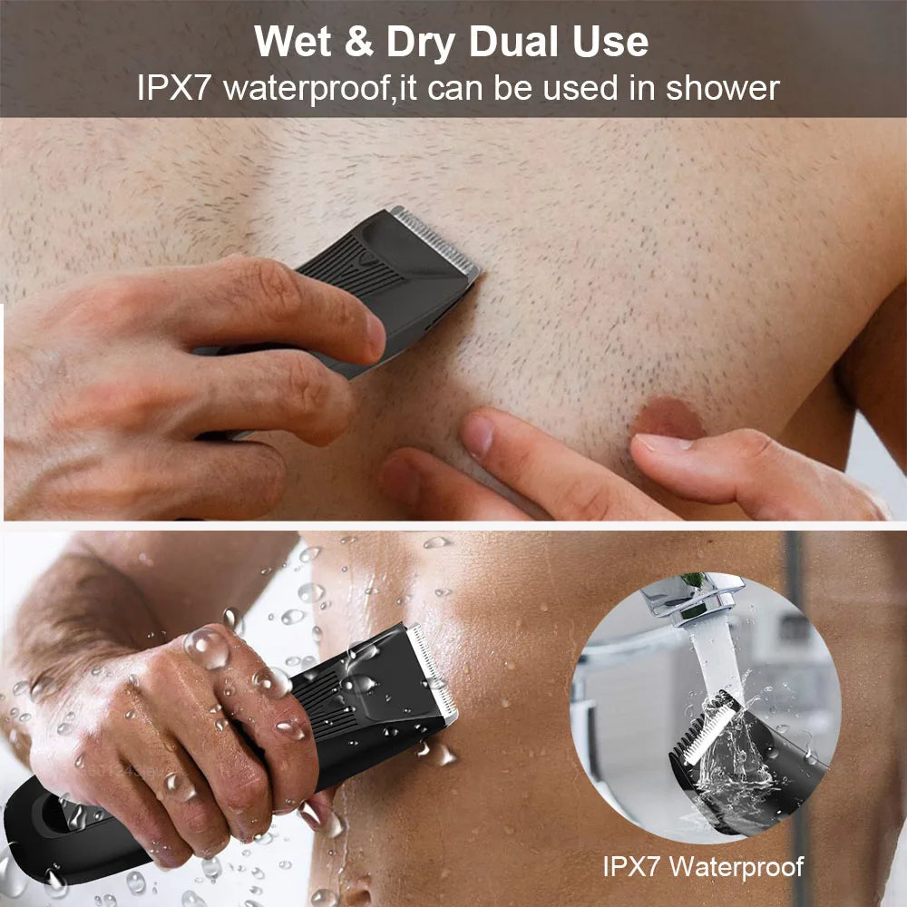 Mens Rechargeable Body Hair Trimmer with 2 Heads & LED Light Black