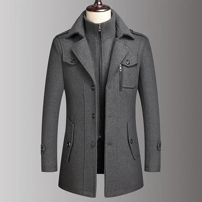 Men's Double Collar Wool Business Coat Winter (Gray)