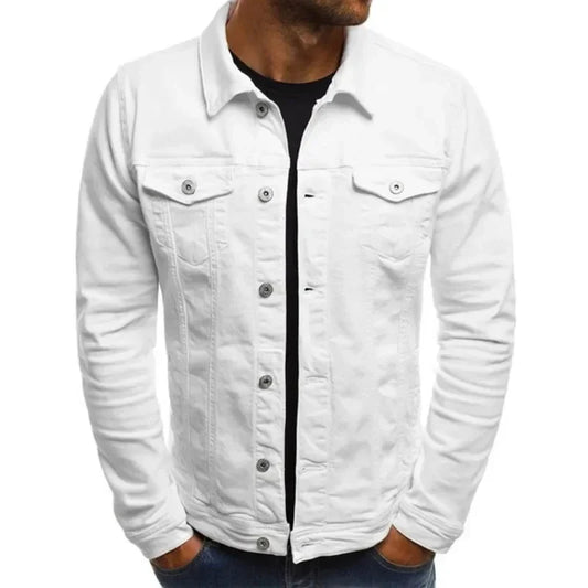 Mens Denim Streetwear Jacket Cotton Casual Slim Fit (White)