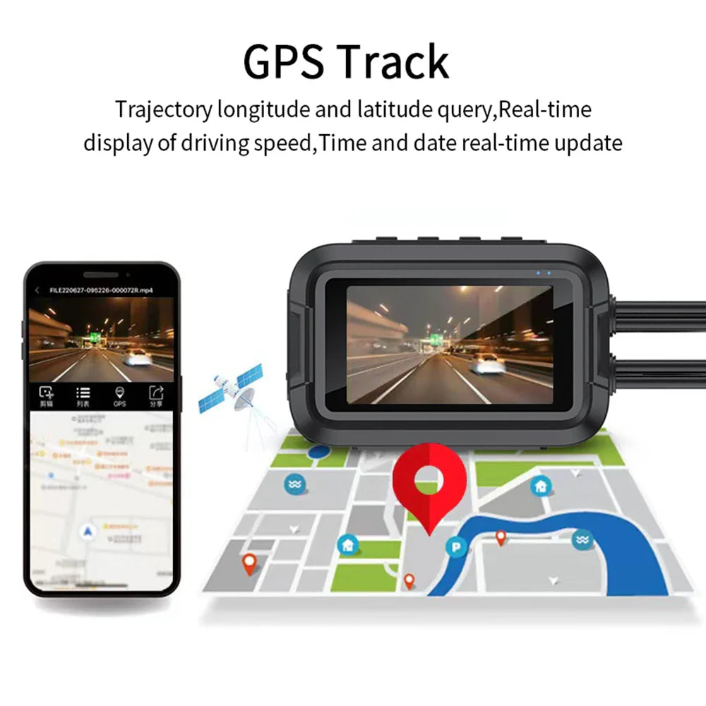 Dual 1080P Motorcycle Cam WiFi + GPS 64 GB Black