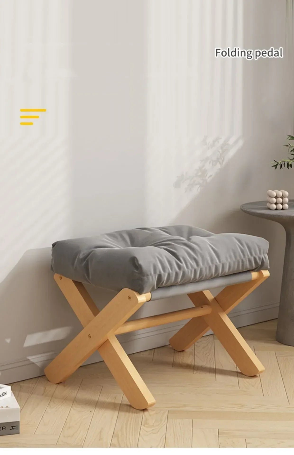 Foldable Solid Wood Low Stool with Paste-Style Grey Seat Cushion