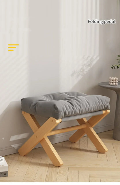 Foldable Solid Wood Low Stool with Paste-Style Grey Seat Cushion