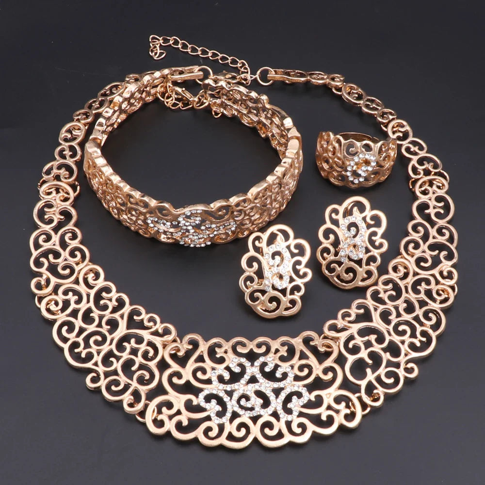 Jewelry Set Necklace Earrings Ring Bracelet (Gold)