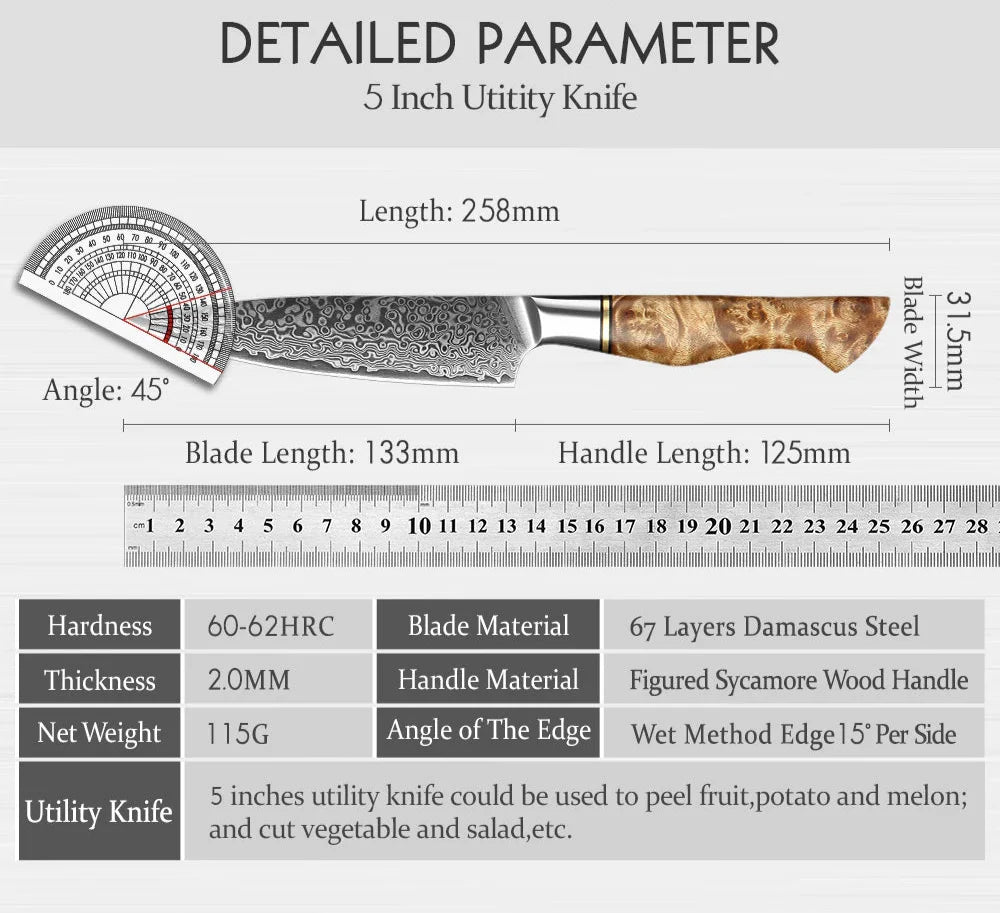 5-Inch Damascus Utility Knife 67-Layer Super Steel Brown