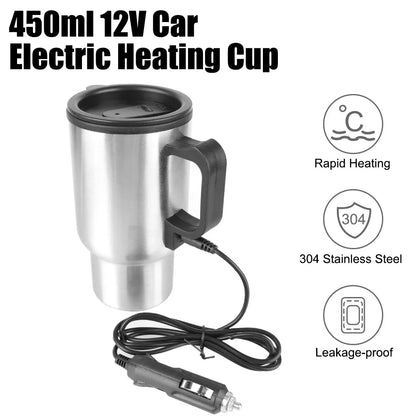 12V Electric Heating Car Kettle 450mL Stainless Steel Thermal Mug Silver