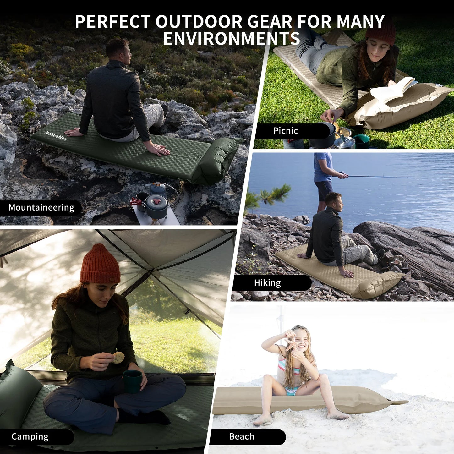 Self-Inflating Camping Air Mat with Built-in Pillow Green