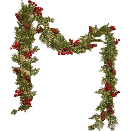 Handcrafted 2M Christmas Pine Vine Garland with Red Berries Rattan