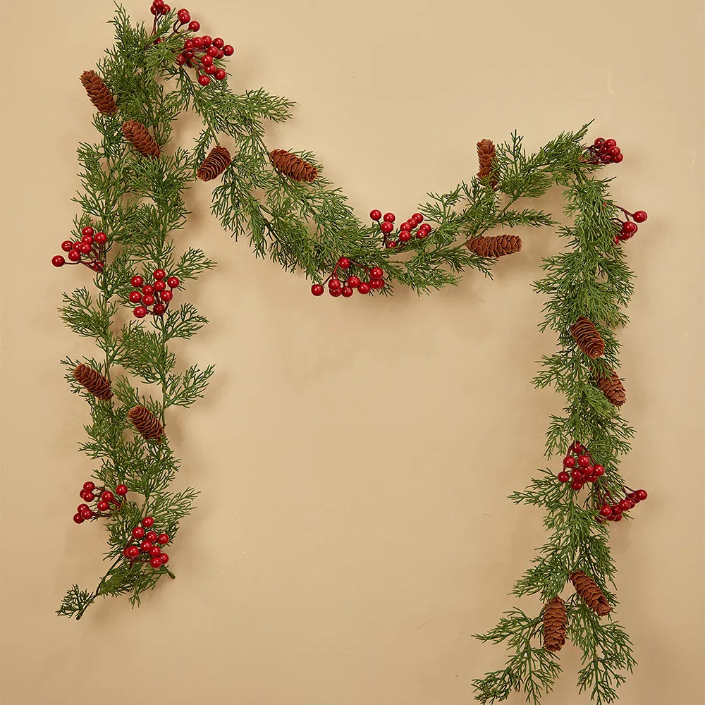 Handcrafted 2M Christmas Pine Vine Garland with Red Berries Rattan