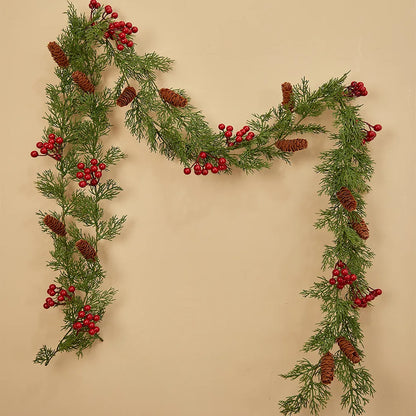 Handcrafted 2M Christmas Pine Vine Garland with Red Berries Rattan