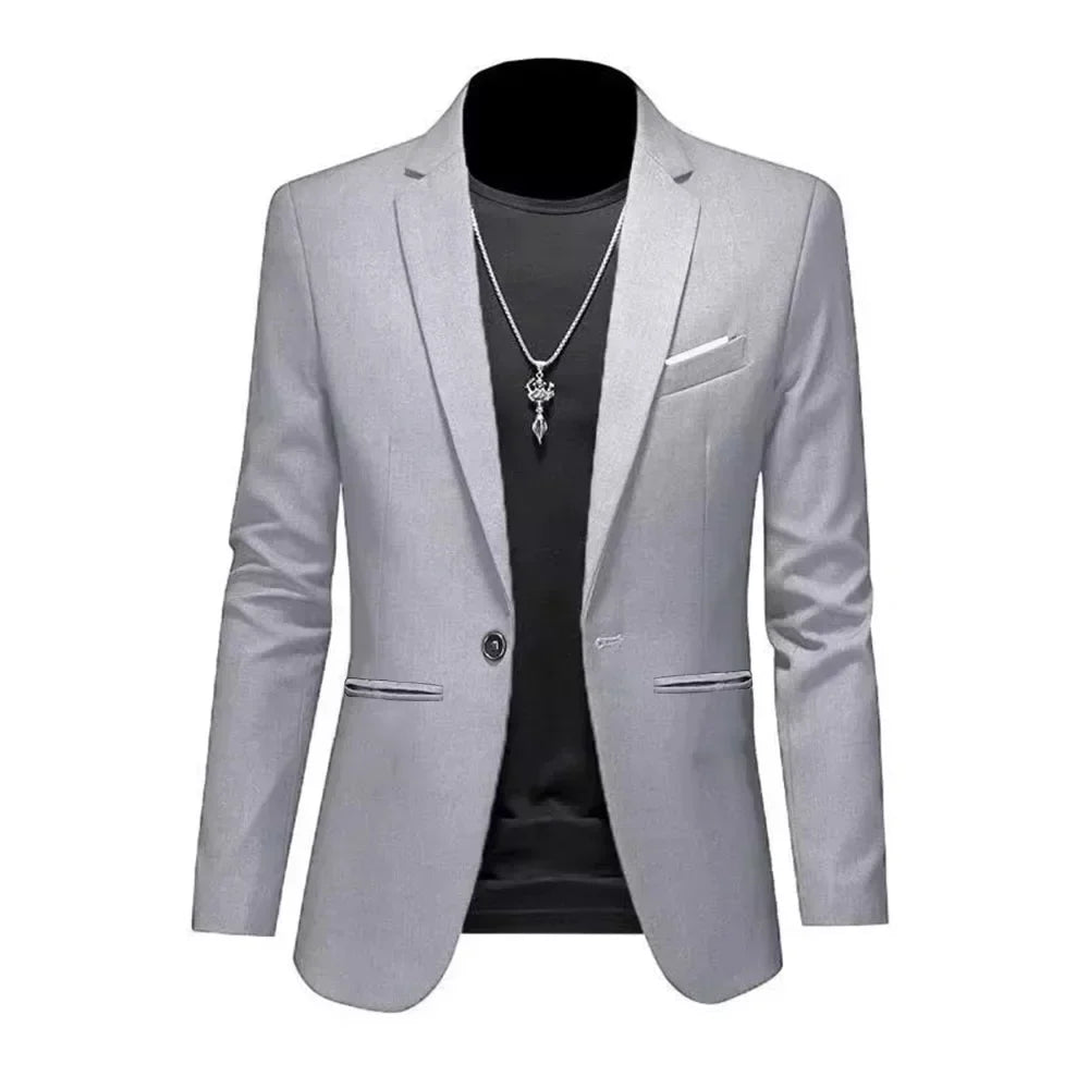 Mens Slim Fit Casual Suit Jacket Single Button (Gray)