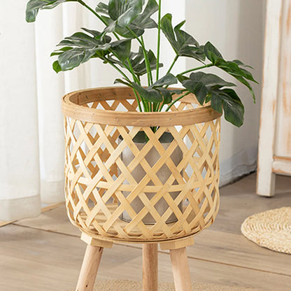 Handmade Bamboo Woven Flower Pot with Stand - Elegant Plant Display