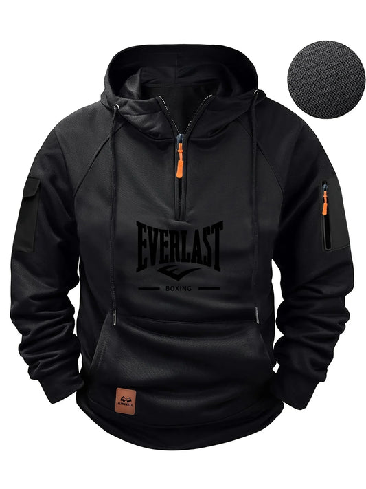 Men's Zipper Hoodie with Pockets and Print (Black)