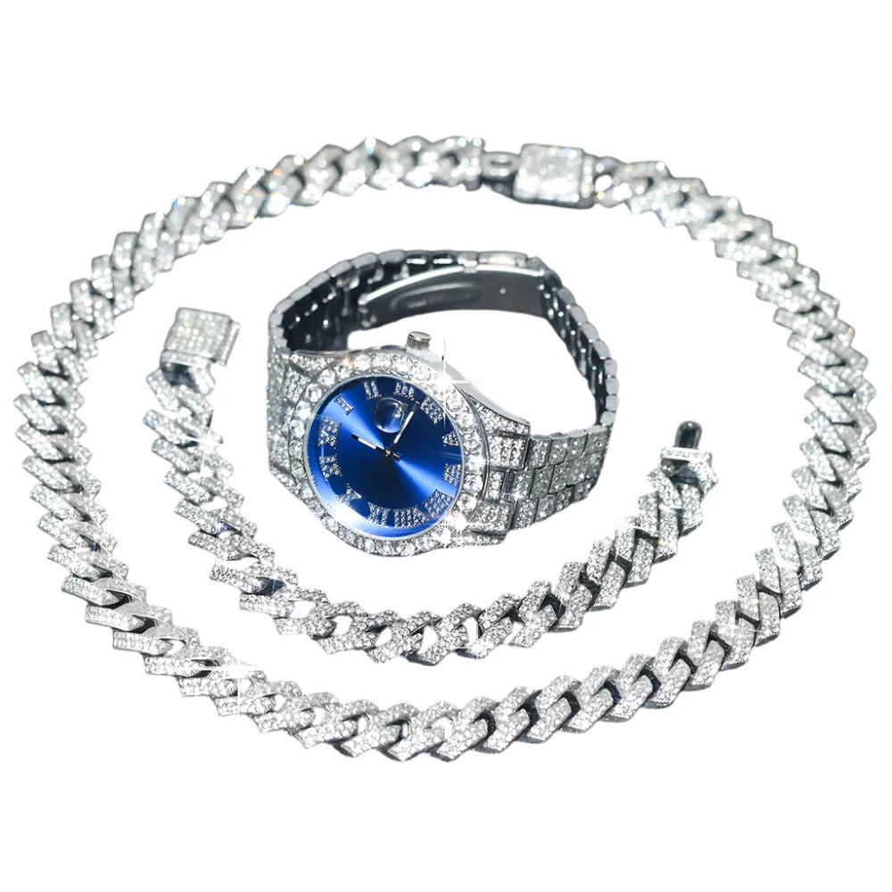 3pcs Mens Silver Watch Cuban Chain Bracelet Set (Blue)
