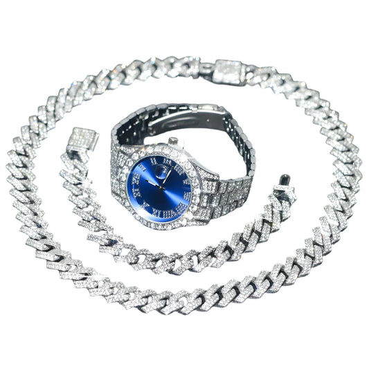 3pcs Mens Silver Watch Cuban Chain Bracelet Set (Blue)