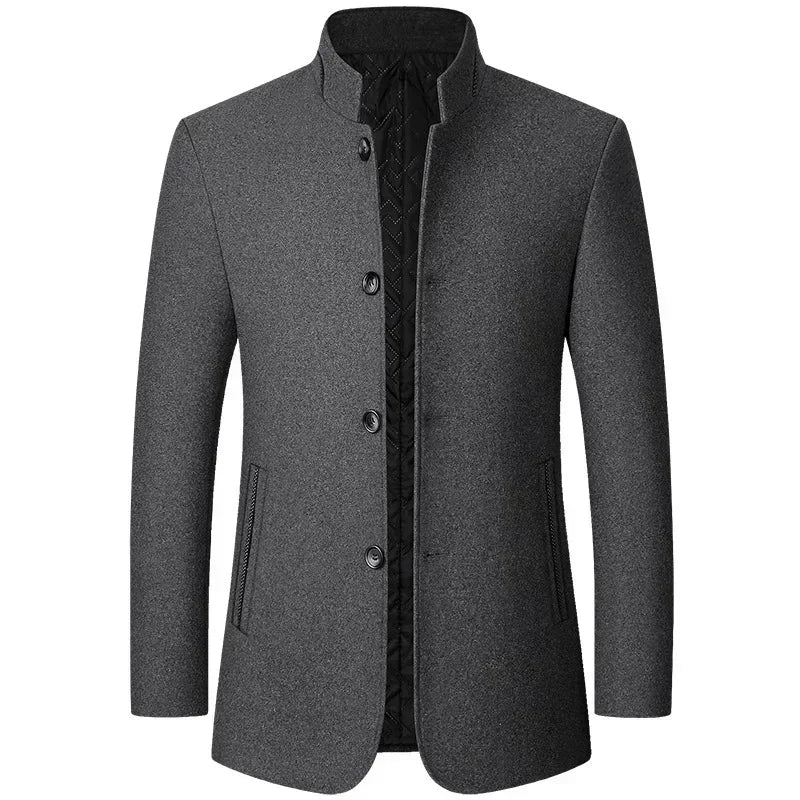Mens Winter Wool Coat Stand Collar Business Jacket (Gray)