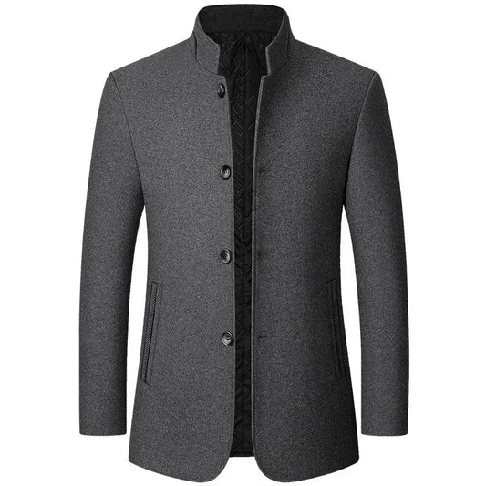 Mens Winter Wool Coat Stand Collar Business Jacket (Gray)