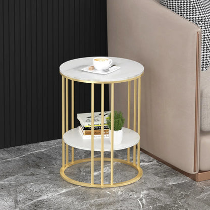 Round Marble Accent Table - Gold Frame, 2-Tier Nightstand