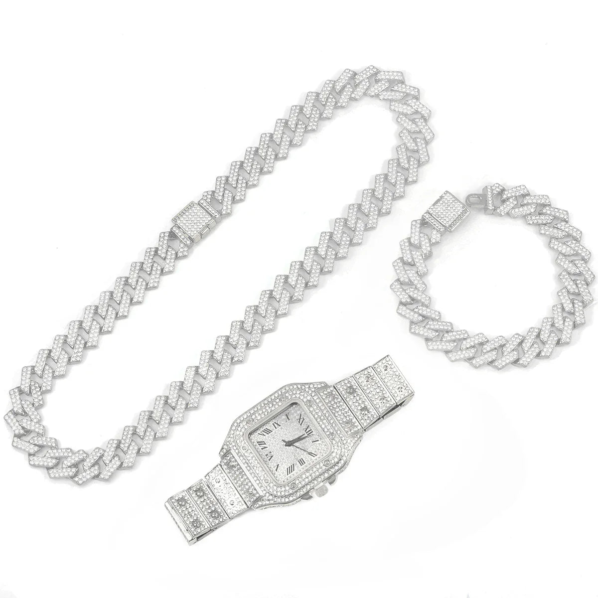 3pcs Men's Watch Set Square Watch Cuban Chain Bracelet (Silver)