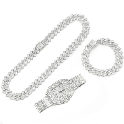 3pcs Men's Watch Set Square Watch Cuban Chain Bracelet (Silver)