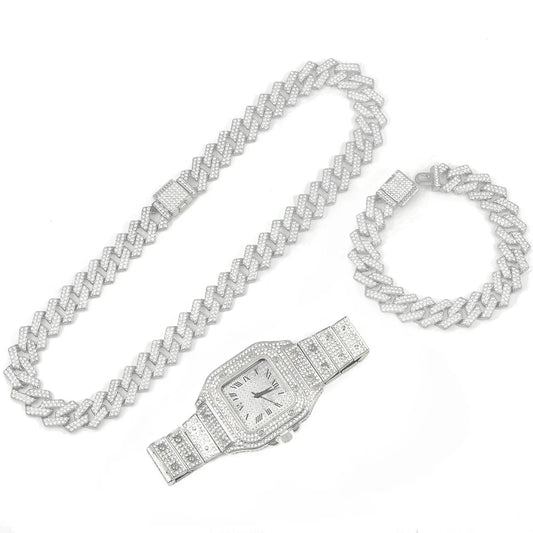 3pcs Men's Watch Set Square Watch Cuban Chain Bracelet (Silver)