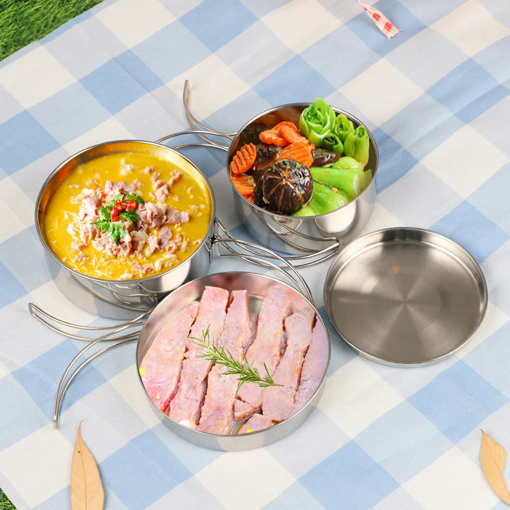 Outdoor Stainless-Steel Camping Cookware Set - Silver
