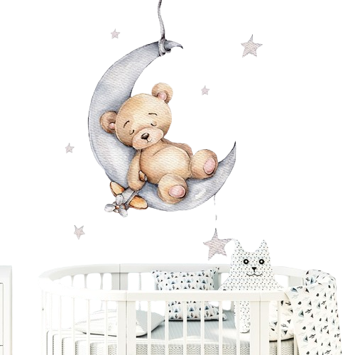 Teddy Bear Sleeping on the Moon and Stars Wall Stickers