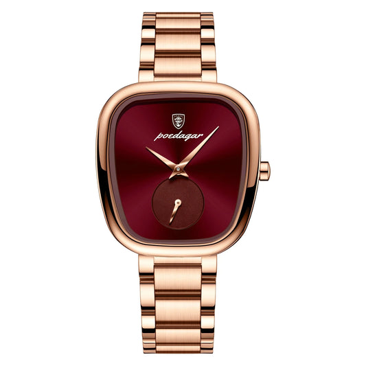 Women's Stainless Steel Waterproof Quartz Watch (Rose Gold Red)