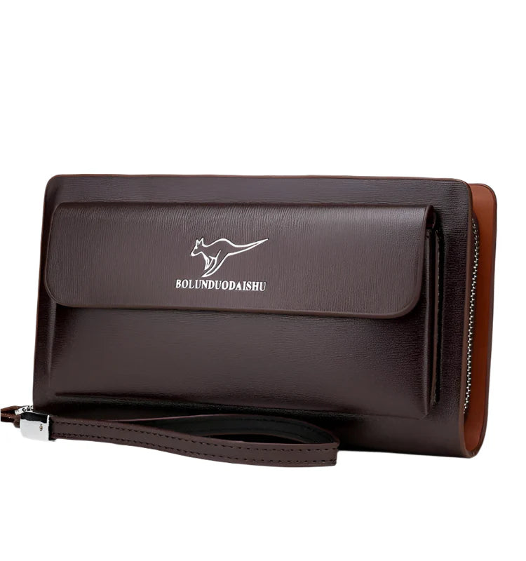 Men Leather Clutch Bag Double Zipper Business (Brown)