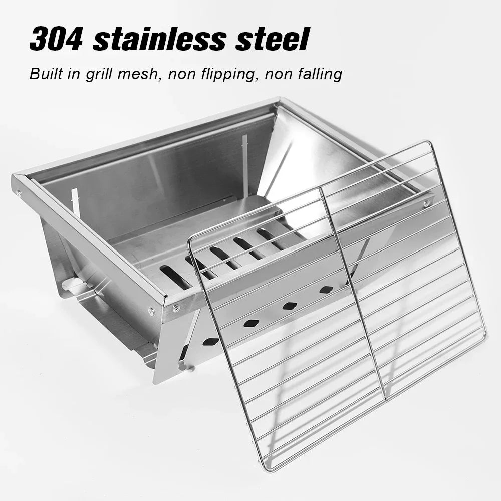 304 Stainless Steel Folding BBQ Grill Camping Stove Silver