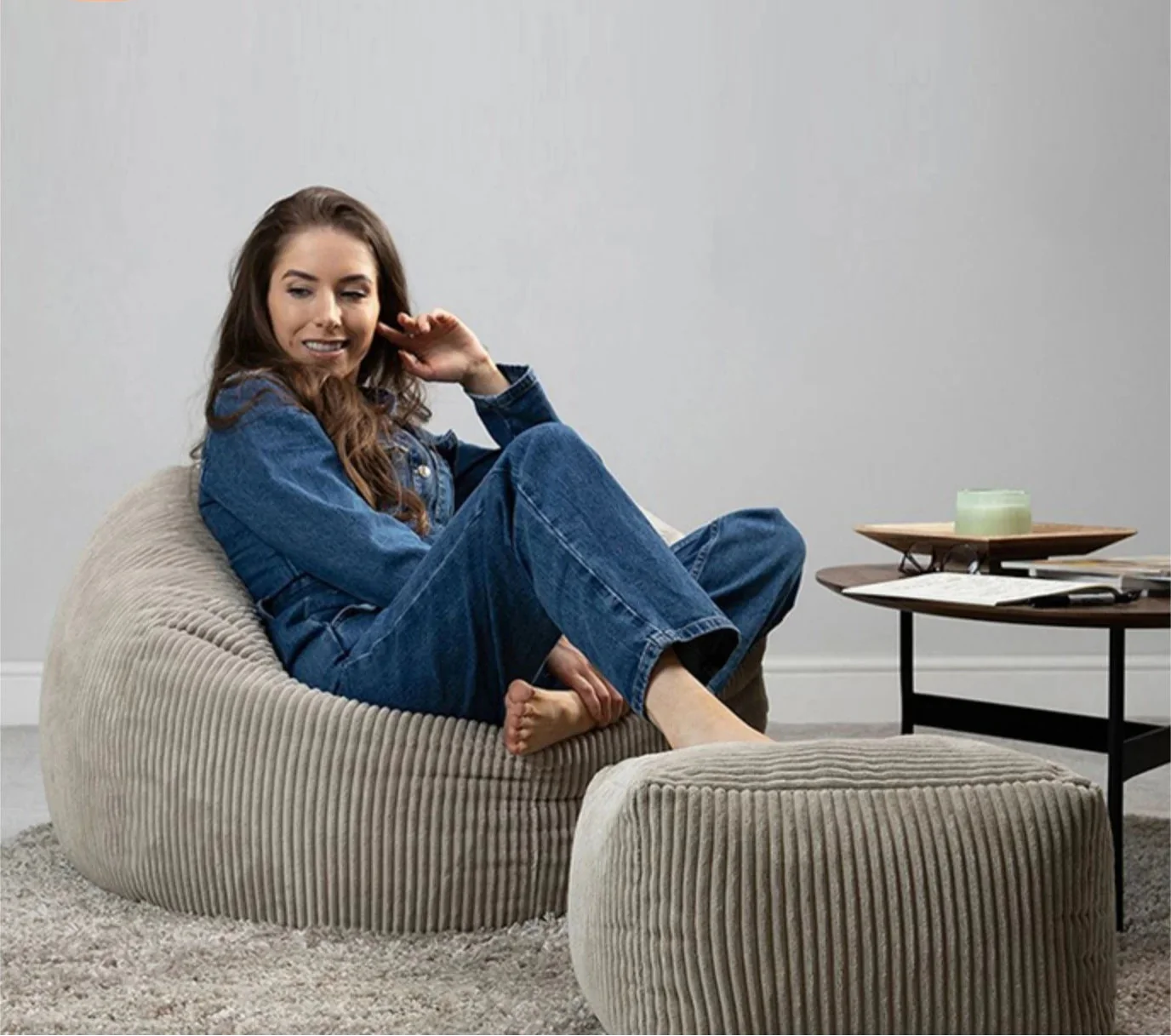 2-in-1 Bean Bag Chair & Footstool Cover Set Flannel Corduroy No Filler Beige