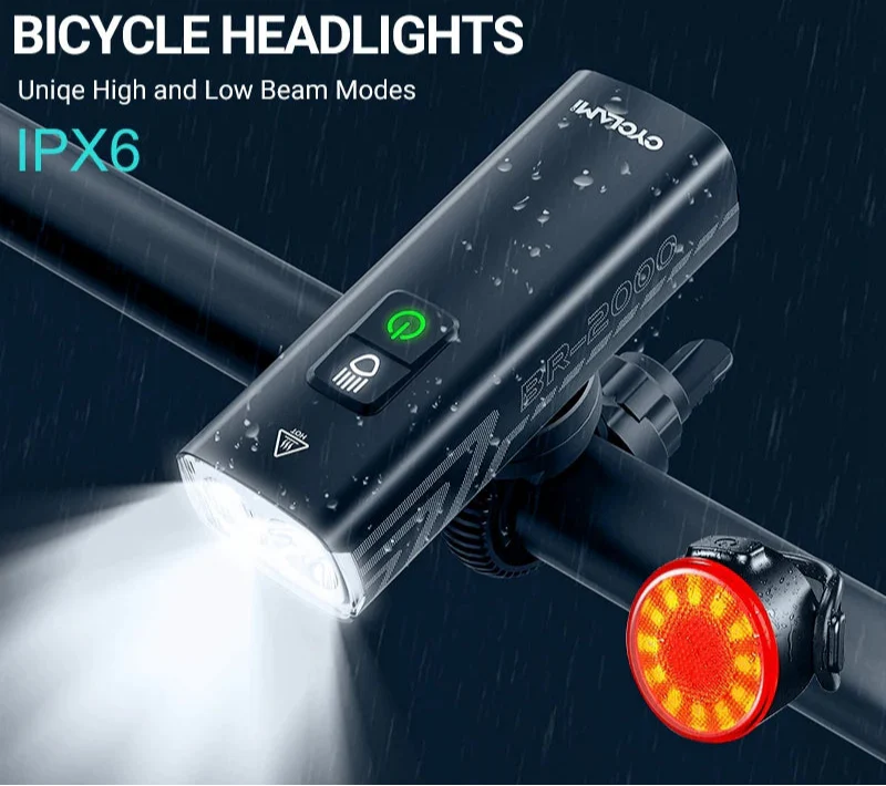 2000 Lumens LED Rechargeable Bike Light Set Front Rear Black