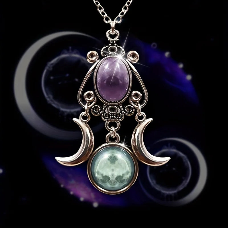Charming Triple Moon Goddess Pendant Necklace (Purple)