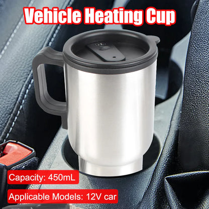 12V Electric Heating Car Kettle 450mL Stainless Steel Thermal Mug Silver