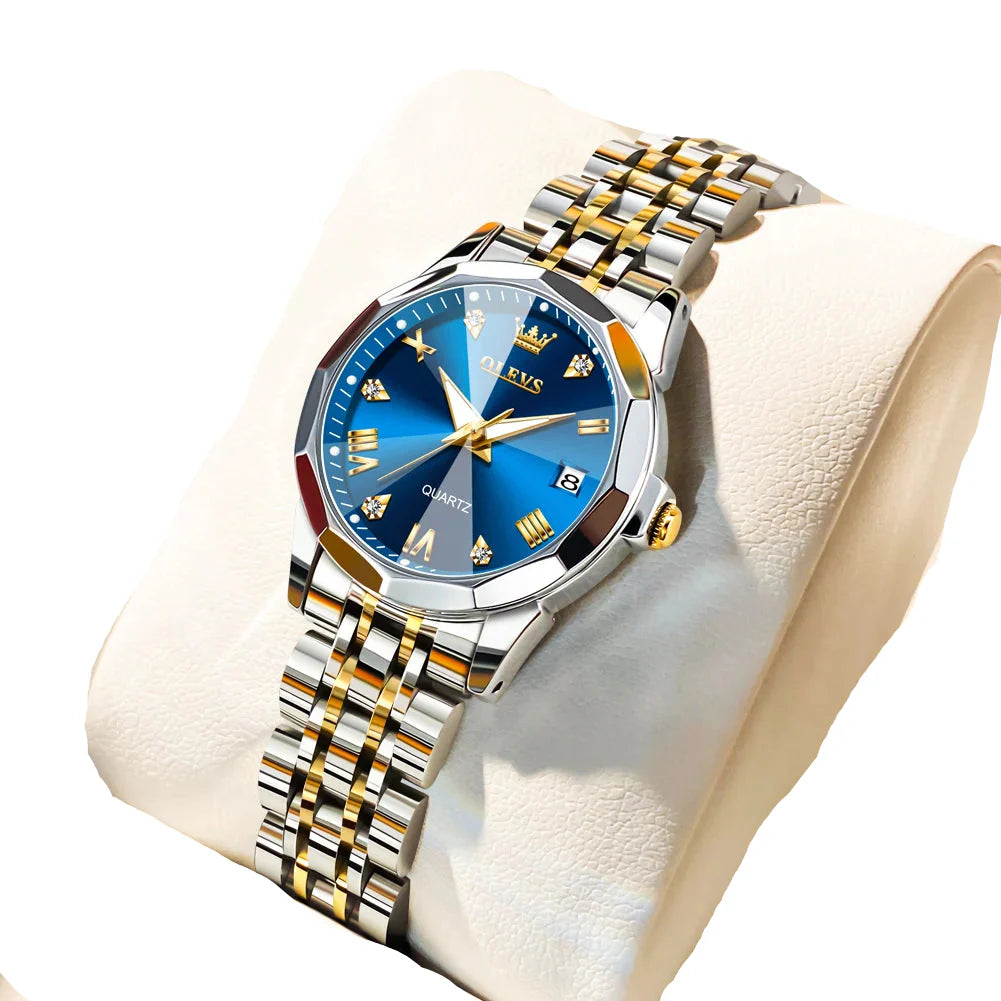 Womens Stainless Steel Quartz Watch Waterproof (Gold Blue)